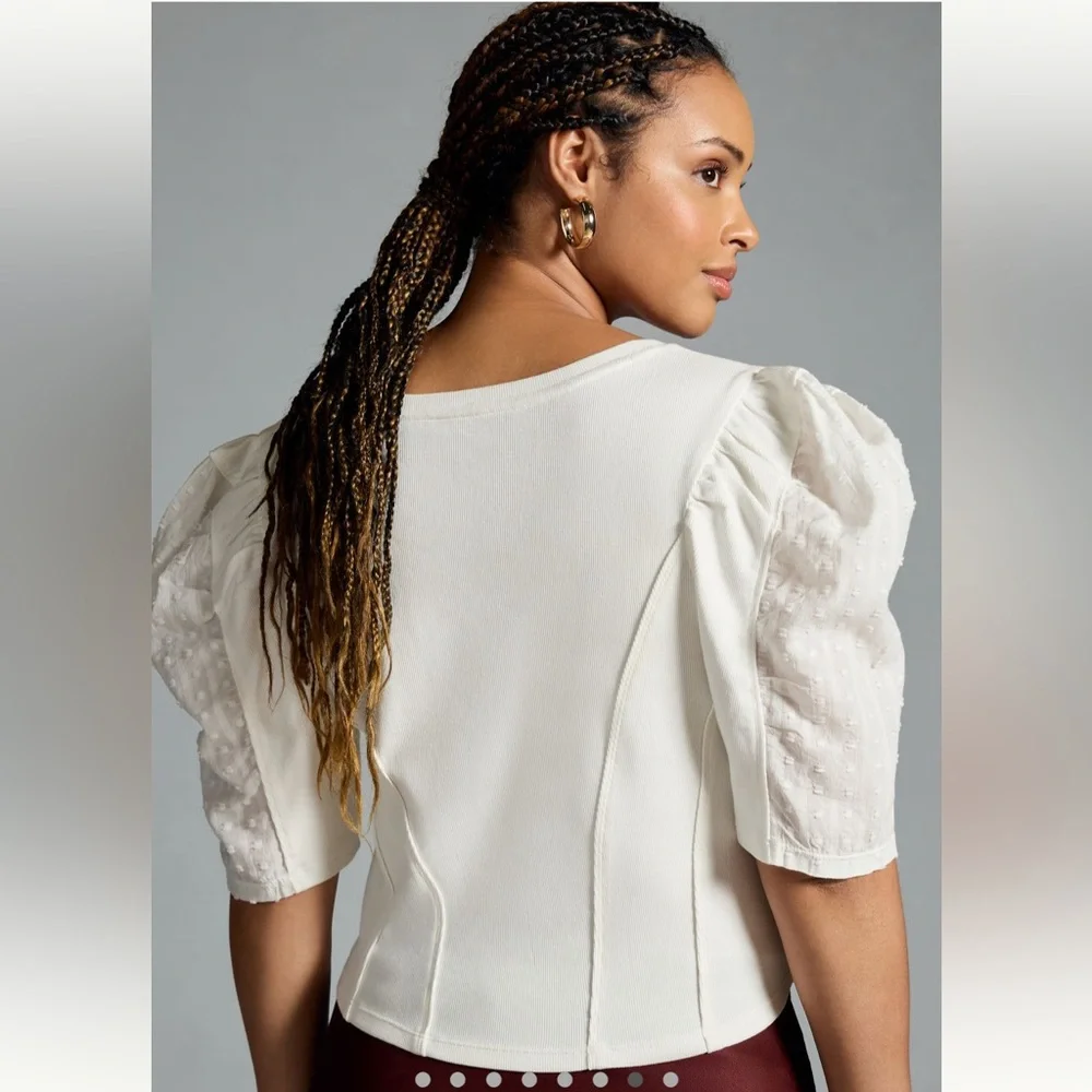 NWT By Anthropologie puff sleeve structured v neck tee sz 3X - Picture 4 of 11